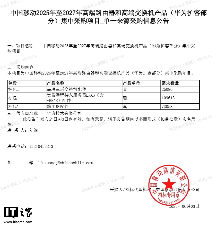 华夏配资网 中国移动 2025~2027 年高端路由器和高端交换机扩容集采公布：华为、中兴分食